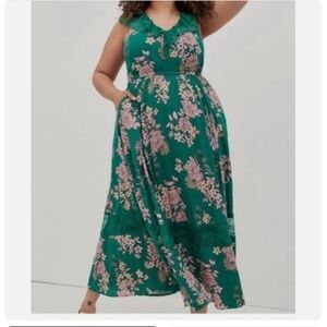 Torrid Gauze Lace Smocked Waist V-Neck Maxi Dress Size 6X Green Floral